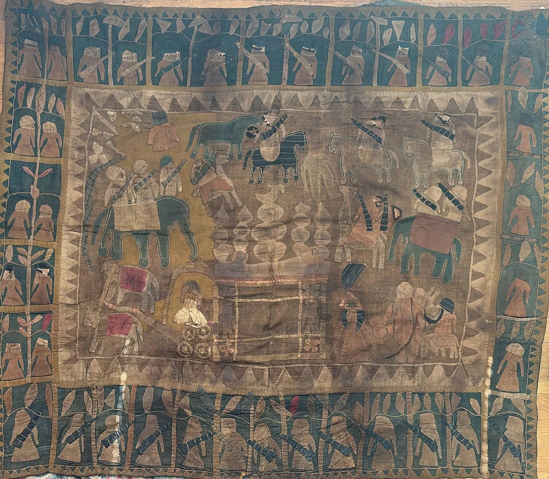 RARE 19TH/EARLY 20TH CENTURY KANDURI TEXTILE WITH APPLIQUE WORK: RARE 19TH/EARLY 20TH CENTURY KANDURI TEXTILE WITH APPLIQUE WORK. A RARE AND BEAUTIFULLY CRAFTED KANDURI TEXTILE FEATURING INTRICATE APPLIQU? WORK, REFLECTING THE ARTISTRY AND CULTURAL HERITAGE OF THE