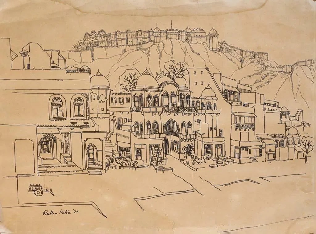 RATHIN MAITRA (1913-1997) TOWNSCAPE SIGNED AND DATED RATHIN MAITRA '70 (LOWER LEFT): RATHIN MAITRA (1913-1997) TOWNSCAPE SIGNED AND DATED RATHIN MAITRA '70 (LOWER LEFT) FELT PEN ON PAPER48 X 64 CMABOUT THE ARTISTRATHIN MAITRA BENGAL SCHOOL ARTIST (1913-2007) CELEBRATED FOR DELICATE