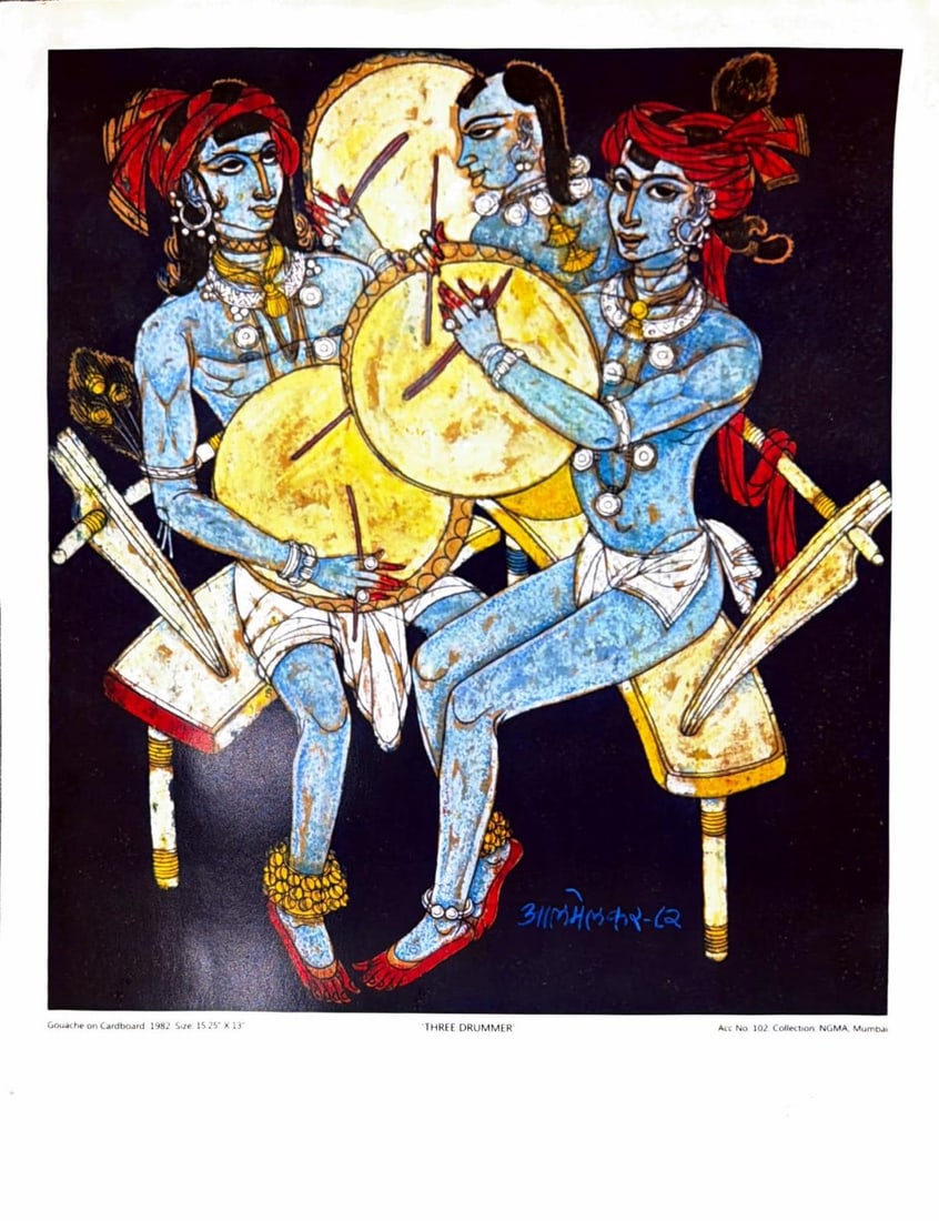 THREE DRUMMERS BY J. Swaminathan - PRINT: THREE DRUMMERS BY J. Swaminathan - PRINT THIS VIBRANT COMPOSITION BY J. Swaminathan PRESENTS THREE MUSICIANS ENGAGED IN A RHYTHMIC PERFORMANCE, CAPTURING THE SPIRIT AND ENERGY OF TRADITIONAL MUSICAL