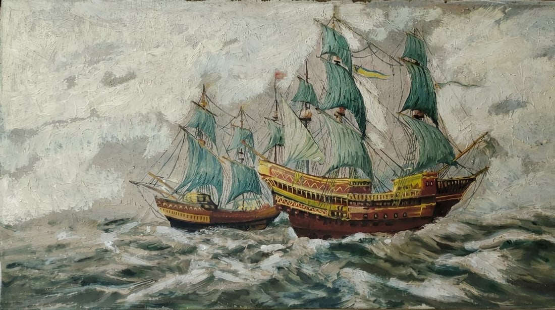 WINSLOW - SAILING SHIPS IN ROUGH SEAS – OIL ON BOARD 50 X 23 IN: WINSLOW - SAILING SHIPS IN ROUGH SEAS – OIL ON BOARD 50 X 23 IN. THIS MARITIME COMPOSITION DEPICTS TWO MAJESTIC SAILING VESSELS NAVIGATING TURBULENT WATERS UNDER A CLOUD-FILLED SKY. THE PAINTING