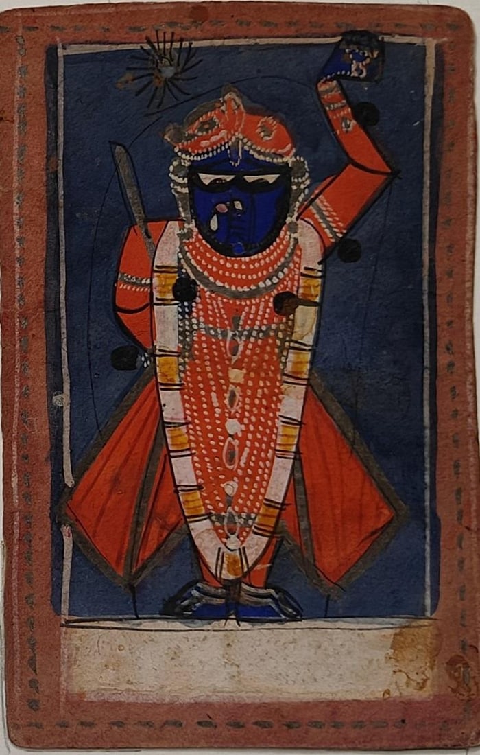 NATHDWARA SCHOOL MINIATURE PICHWAI-STYLE MINIATURE PAINTING OF SHRINATHJI OPAQUE WATERCOLOR ON PAPER: NATHDWARA SCHOOL MINIATURE PICHWAI-STYLE MINIATURE PAINTING OF SHRINATHJI OPAQUE WATERCOLOR ON PAPER 3.2 X 5 INTHIS MINIATURE PAINTING PORTRAYS SHRINATHJI, A FORM OF LORD KRISHNA DEPICTED WITH A
