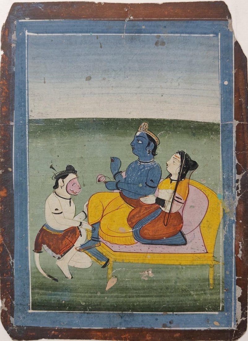 PAHARI SCHOOL MINIATURE RAMA, SITA, AND HANUMAN IN HARMONY PIGMENT COLOURS ON PAPER 5.5 X 7 IN: PAHARI SCHOOL MINIATURE RAMA, SITA, AND HANUMAN IN HARMONY PIGMENT COLOURS ON PAPER 5.5 X 7 INTHIS EXQUISITE PAHARI MINIATURE PAINTING, LIKELY ORIGINATING FROM THE KANGRA OR BASOHLI SCHOOL (CIRCA