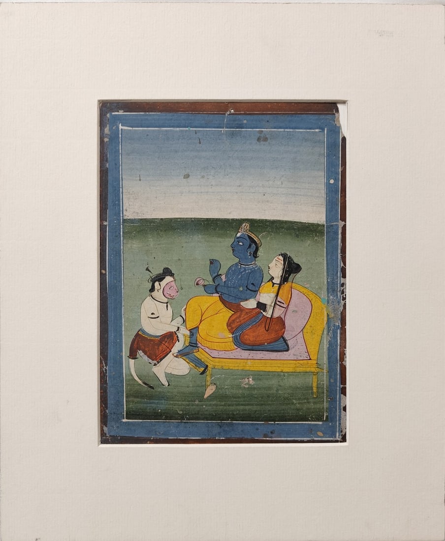 PAHARI SCHOOL MINIATURE RAMA, SITA, AND HANUMAN IN HARMONY PIGMENT COLOURS ON PAPER 5.5 X 7 IN - 2