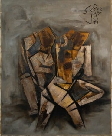 MAQBOOL FIDA HUSAIN (1915–2011) ABSTRACT FIGURATIVE COMPOSITION, OIL ON CANVAS, 1973: MAQBOOL FIDA HUSAIN (1915–2011) ABSTRACT FIGURATIVE COMPOSITION, OIL ON CANVAS, 1973 IMPORTANT ORIGINAL OIL ON CANVAS BY LEGENDARY INDIAN MODERNIST MAQBOOL FIDA HUSAIN (1915–2011), DATED 1973. THE