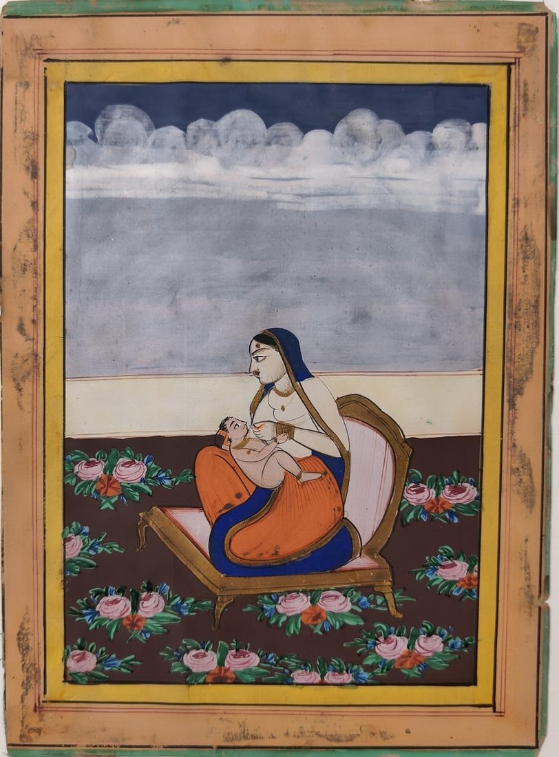 PAHARI SCHOOL MINIATURE MOTHER AND CHILD OPAQUE WATERCOLOR ON PAPER 5 X 7 IN: PAHARI SCHOOL MINIATURE MOTHER AND CHILD OPAQUE WATERCOLOR ON PAPER 5 X 7 IN LATE 18TH OR EARLY 19TH CENTURYHE PAINTING DEPICTS A MOTHER TENDERLY CRADLING HER INFANT CHILD IN HER ARMS. THE WOMAN IS