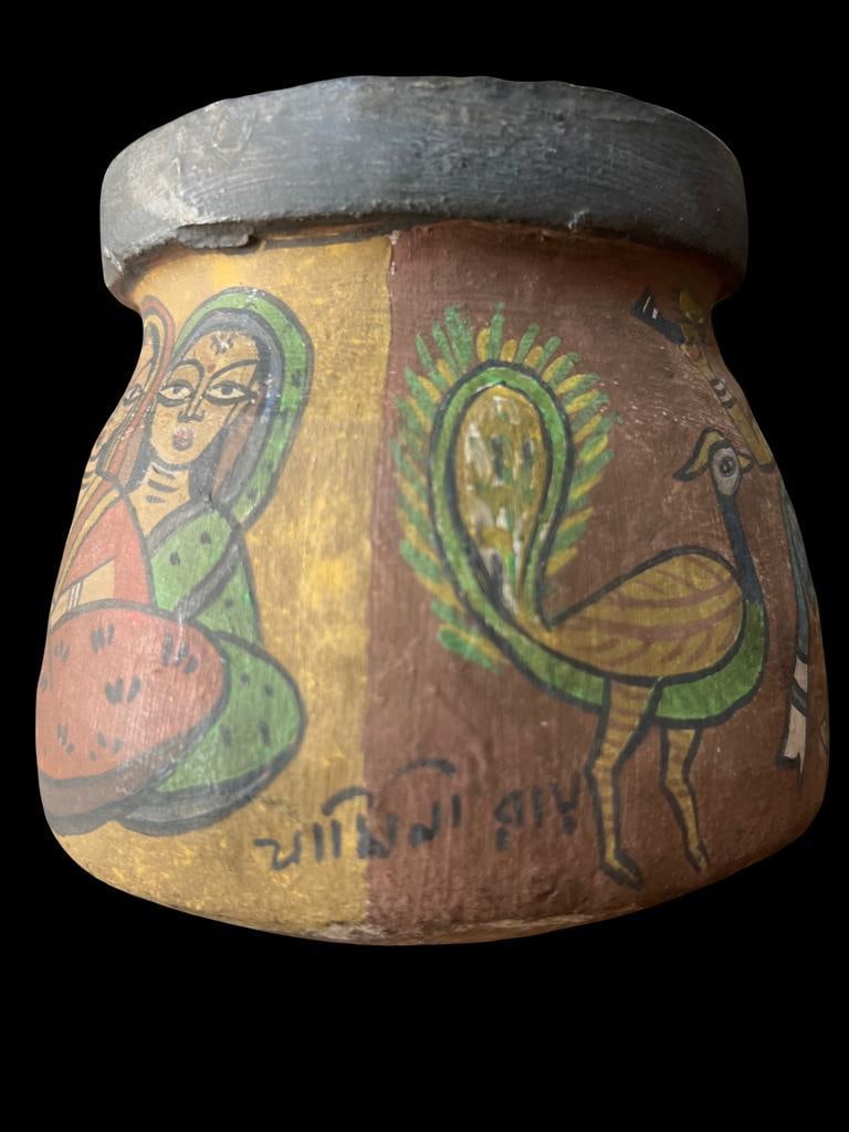 JAMINI ROY (1887-1972) — HAND-PAINTED FOLK POT WITH FIGURAL AND BIRD MOTIFS: JAMINI ROY (1887-1972) — HAND-PAINTED FOLK POT WITH FIGURAL AND BIRD MOTIFS A RARE AND CHARMING HAND-PAINTED POT ATTRIBUTED TO JAMINI ROY, FEATURING EXPRESSIVE FIGURAL AND BIRD MOTIFS RENDERED IN