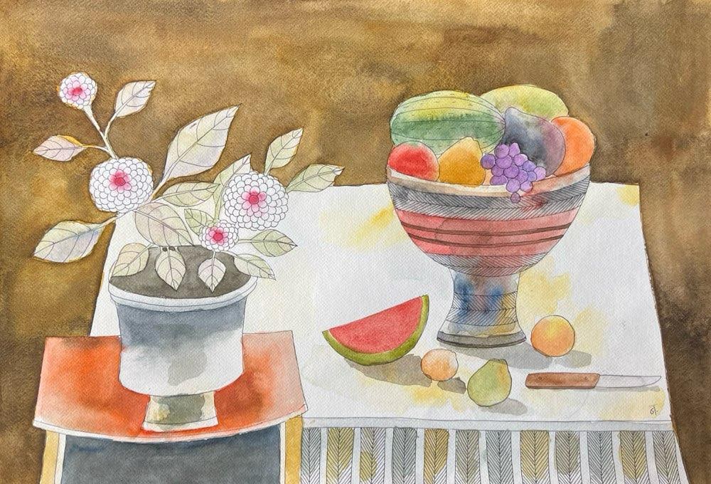 BADRI NARAYAN (1929–2013) — STILL LIFE WITH FRUIT BOWL AND FLOWERING PLANT SIZE: 15 X 22 IN.: BADRI NARAYAN (1929–2013) — STILL LIFE WITH FRUIT BOWL AND FLOWERING PLANT SIZE: 15 X 22 IN A DELICATE AND REFINED STILL LIFE BY BADRI NARAYAN, SHOWCASING HIS QUIETLY POETIC APPROACH TO