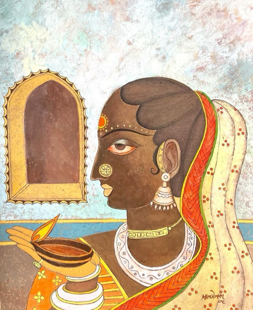 A. A. ALMELKAR (1920–1982) — WOMAN WITH OIL LAMP, 1979: A. A. ALMELKAR (1920–1982) — WOMAN WITH OIL LAMP, 1979 A REFINED AND EXPRESSIVE WORK BY A. A. ALMELKAR (1920–1982), DATED 1979, DEPICTING A FEMALE FIGURE IN PROFILE HOLDING A TRADITIONAL OIL