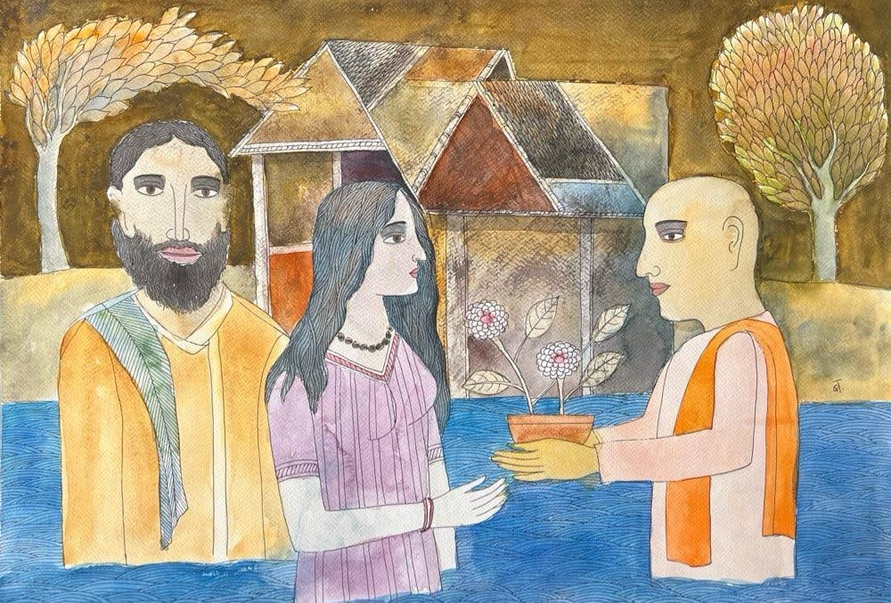 BADRI NARAYAN (1929–2013) — FIGURAL SCENE WITH OFFERING AND ARCHITECTURAL BACKGROUND: BADRI NARAYAN (1929–2013) — FIGURAL SCENE WITH OFFERING AND ARCHITECTURAL BACKGROUND A POETIC AND SYMBOLIC FIGURAL COMPOSITION BY BADRI NARAYAN (1929–2013), DEPICTING THREE FIGURES ENGAGED IN