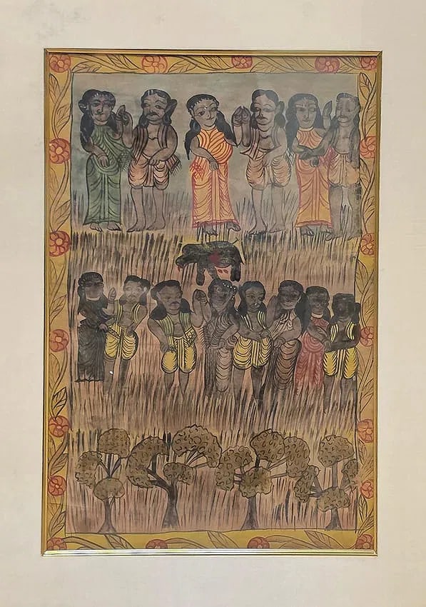 RARE BENGAL PATACHITRA – CEREMONIAL RITUAL PROCESSION WITH SACRIFICIAL OFFERING: RARE BENGAL PATACHITRA – CEREMONIAL RITUAL PROCESSION WITH SACRIFICIAL OFFERINGA STRIKING EXAMPLE OF TRADITIONAL BENGAL PATACHITRA, THIS FOLK PAINTING DEPICTS A CEREMONIAL RITUAL PROCESSION, LIKELY