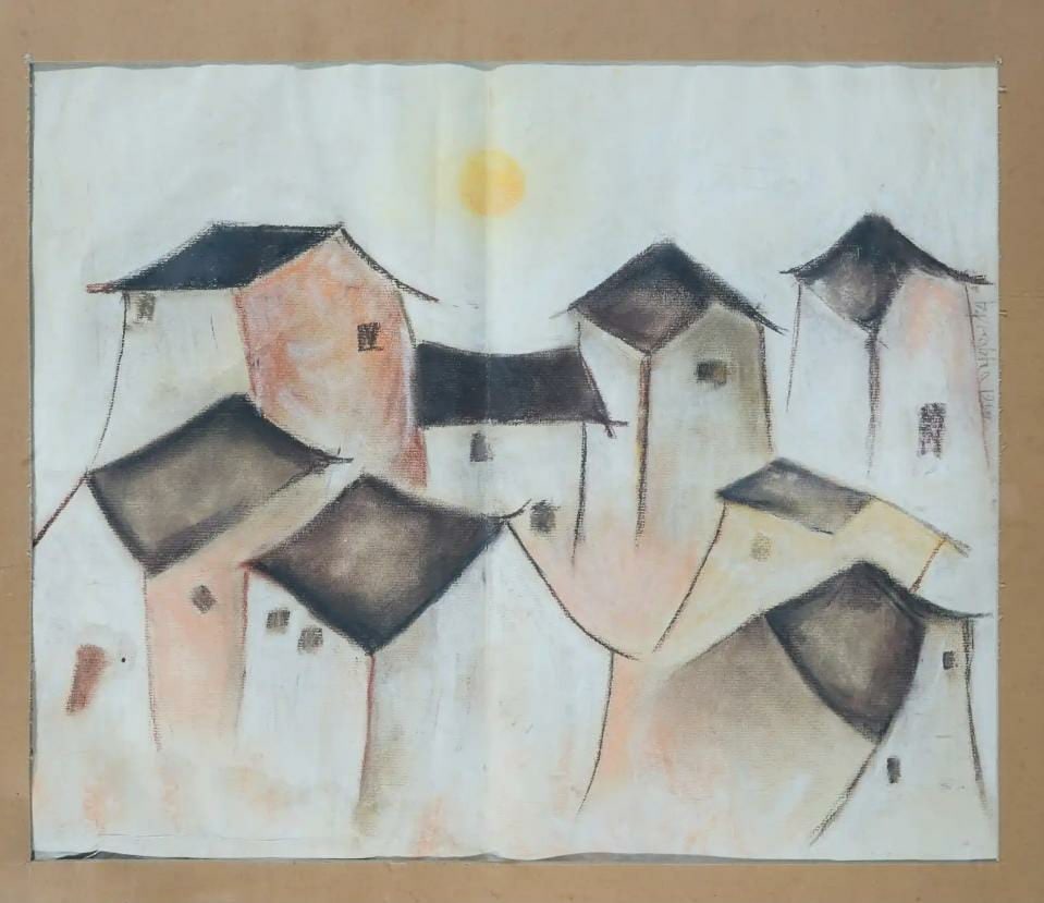 B. PRABHA (1933–2001) UNTITLED (ABSTRACTED VILLAGE LANDSCAPE): B. PRABHA (1933–2001) UNTITLED (ABSTRACTED VILLAGE LANDSCAPE) A RARE AND EVOCATIVE COMPOSITION BY B. PRABHA, THIS WORK PRESENTS A STYLISED RURAL SETTLEMENT RENDERED IN HER DISTINCTIVE, MINIMALIST