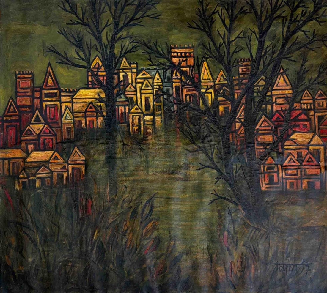 F. N. SOUZA (INDIA, 1924–2002) OIL ON CANVAS UNTITLED (ARCHITECTURAL LANDSCAPE) 35 × 40 IN: F. N. SOUZA (INDIA, 1924–2002) OIL ON CANVAS UNTITLED (ARCHITECTURAL LANDSCAPE) 35 × 40 IN THIS STRIKING COMPOSITION PRESENTS A DENSE CLUSTER OF STYLISED ARCHITECTURAL FORMS SET AGAINST A DARK,