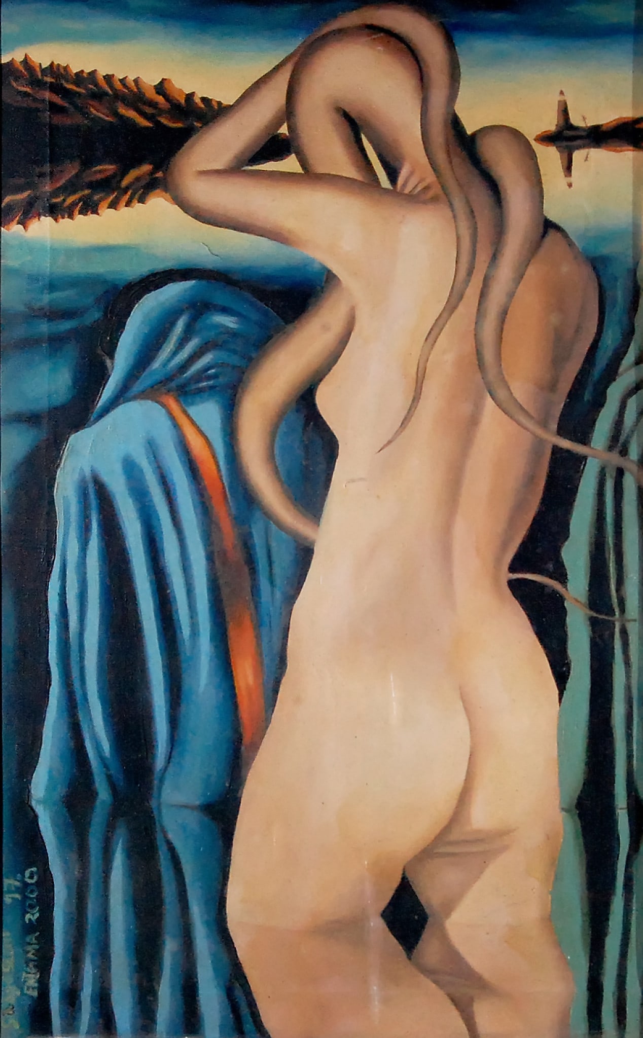 SABYASACHI OIL ON CANVAS ENIGMA 33 X 20 IN SIGNED LOWER LEFT: SABYASACHI OIL ON CANVAS ENIGMA 33 X 20 IN SIGNED LOWER LEFTENIGMA IS A COMPELLING SURREALIST STUDY OF THE FEMALE FORM RENDERED WITH LYRICAL DISTORTION AND PSYCHOLOGICAL DEPTH. THE NUDE FIGURE,