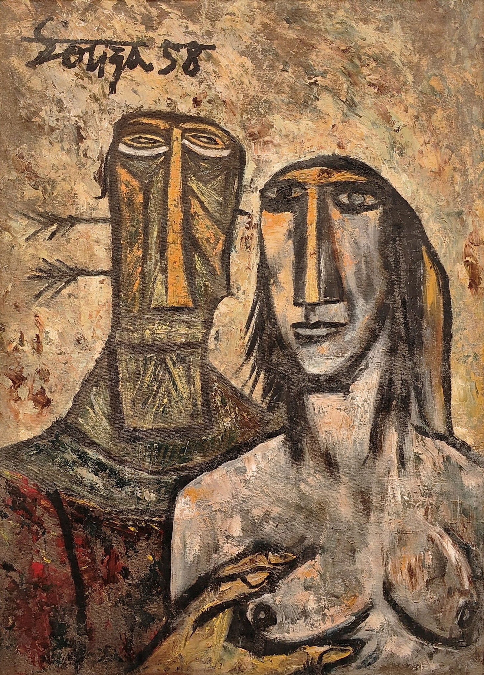 F.N. SOUZA (1924–2002) – TRIBAL MAN AND WOMAN – 1958 – OIL ON CANVAS – 25 X 34 IN: F.N. SOUZA (1924–2002) – TRIBAL MAN AND WOMAN – 1958 – OIL ON CANVAS – 25 X 34 INA POWERFUL AND HISTORICALLY SIGNIFICANT WORK BY F.N. SOUZA, DATED 1958, FROM A CRUCIAL PERIOD IN THE ARTIST��
