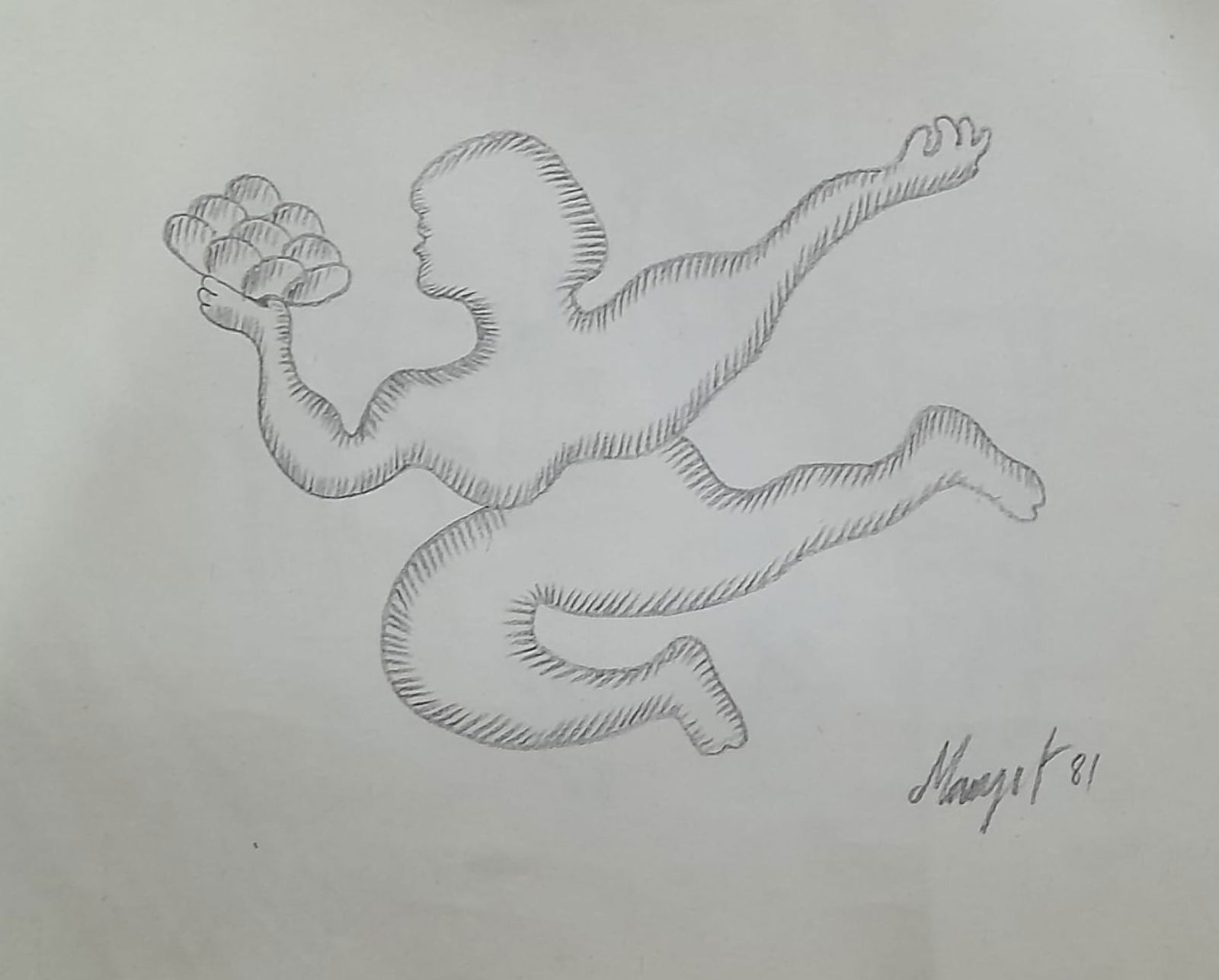 MANJIT BAWA (1941 - 2008) PENCIL ON PAPER NTITLED (FLYING FIGURE WITH FRUIT) 1981: MANJIT BAWA (1941 - 2008) PENCIL ON PAPER NTITLED (FLYING FIGURE WITH FRUIT) 1981 SIZE 11 x 9 IN.A RARE AND DELICATE PENCIL DRAWING BY MANJIT BAWA, DATED 1981, DEPICTING A STYLIZED, FLOATING HUMAN