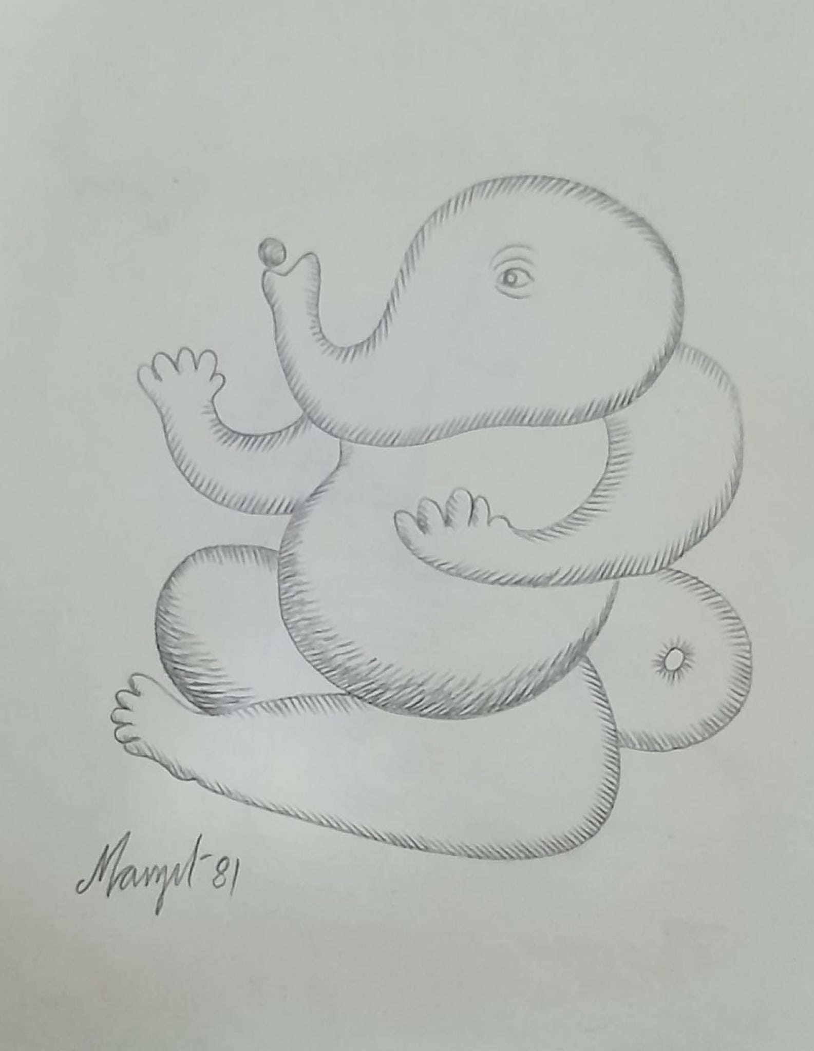 MANJIT BAWA (1941–2008) PENCIL ON PAPER UNTITLED (GANESHA) 1981: MANJIT BAWA (1941–2008) PENCIL ON PAPER UNTITLED (GANESHA) 1981 SIZE: 11 x 9 IN A REFINED AND INTIMATE PENCIL DRAWING BY MANJIT BAWA, DATED 1981, DEPICTING A STYLIZED FIGURE OF GANESHA RENDERED IN