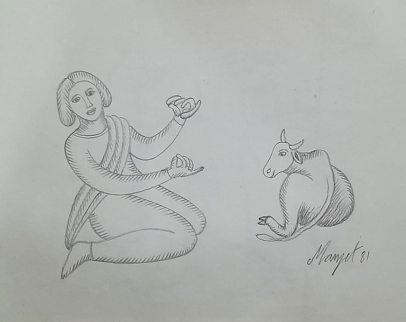 MANJIT BAWA (1941–2008) PENCIL ON PAPER UNTITLED (SEATED FIGURE WITH CALF) 1981: MANJIT BAWA (1941–2008) PENCIL ON PAPER UNTITLED (SEATED FIGURE WITH CALF) 1981 SIZE: 11 x 9 INA GRACEFUL PENCIL DRAWING BY MANJIT BAWA, DATED 1981, DEPICTING A SEATED FEMALE FIGURE ENGAGED IN A GEN