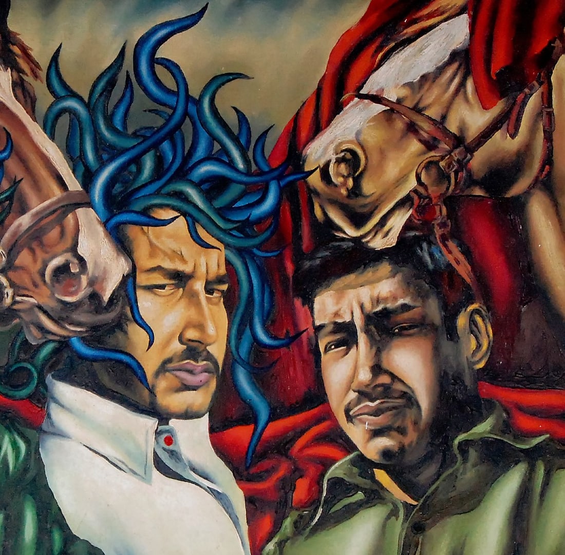 SABYA SACHI MEDUSA’S MEN THE GAZE OF CONFLICT OIL ON CANVAS 24 X 32 IN 1998 SIGNED LOWER LEFT: SABYA SACHI MEDUSA’S MEN THE GAZE OF CONFLICT OIL ON CANVAS 24 X 32 IN 1998 SIGNED LOWER LEFTPAINTED IN 1998, MEDUSA’S MEN, THE GAZE OF CONFLICT REVEALS SABYA SACHI’S EARLY ENGAGEMENT WITH