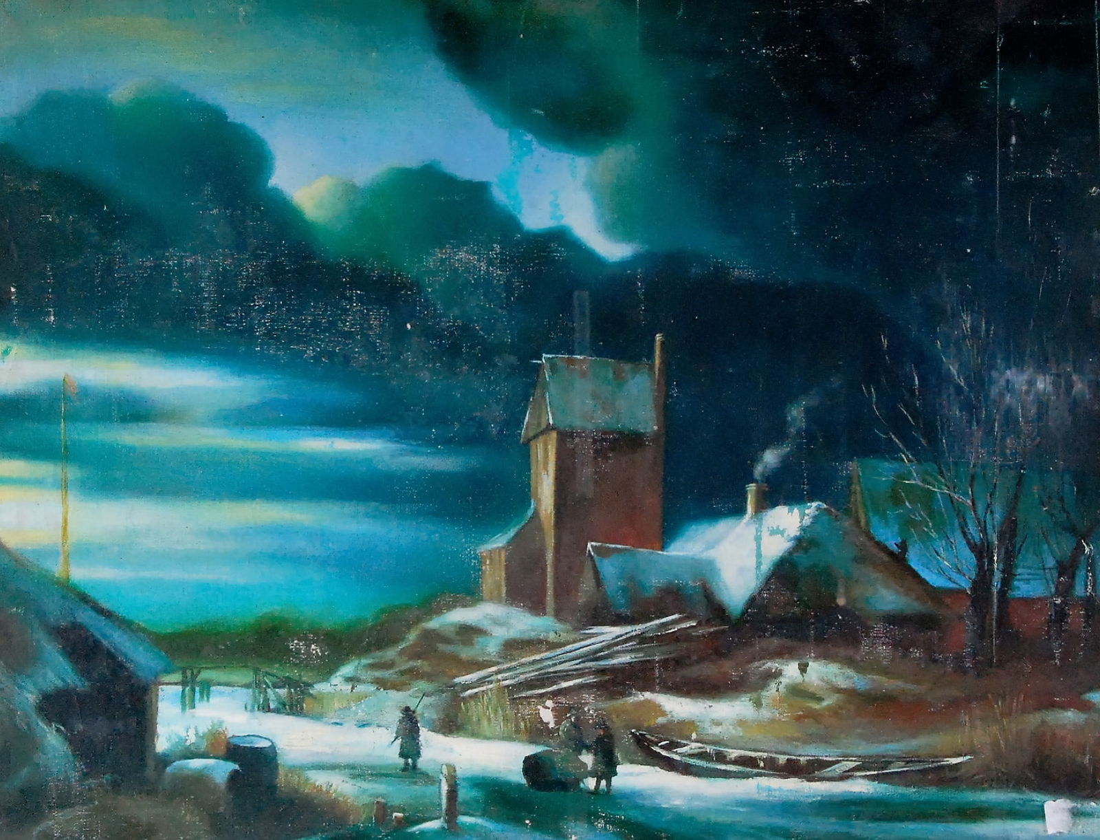 AUGUSTUS KENT OIL ON CANVAS NOCTURNE BY THE FROZEN WATERS 19 X 24 IN: AUGUSTUS KENT OIL ON CANVAS NOCTURNE BY THE FROZEN WATERS 19 X 24 IN NOCTURNE BY THE FROZEN WATERS BY AUGUSTUS KENT PRESENTS A HAUNTINGLY ATMOSPHERIC NOCTURNAL LANDSCAPE RENDERED IN A RESTRAINED YET