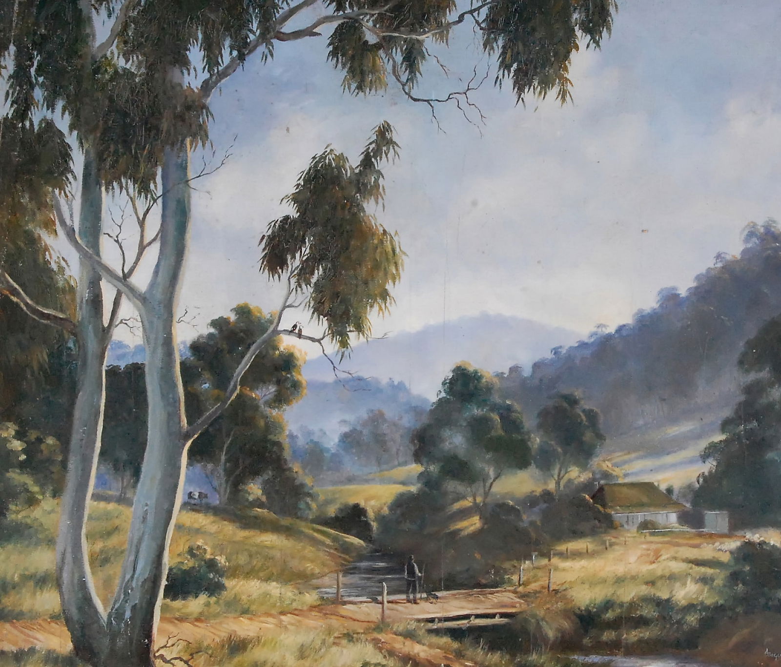 AUGUSTUS KENT OIL ON CANVAS PASTORAL CROSSING AT DUSK 19 X 24 IN: AUGUSTUS KENT OIL ON CANVAS PASTORAL CROSSING AT DUSK 19 X 24 IN THIS SERENE PASTORAL LANDSCAPE BY AUGUSTUS KENT MAY BE DATED STYLISTICALLY TO THE LATE 19TH CENTURY, CIRCA 1880–1895. THE HANDLING