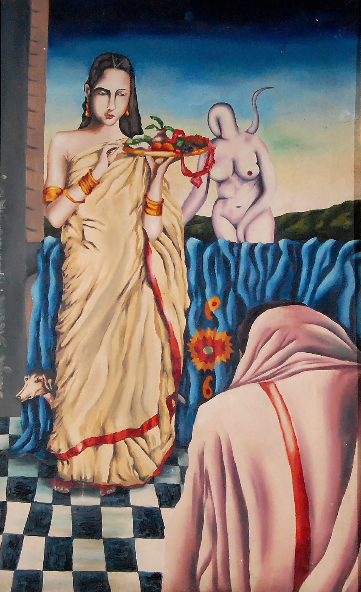 SABYA SACHI RITUAL OF OFFERINGS BETWEEN THE SACRED AND THE SURREAL OIL ON CANVAS 34 X 20 IN: SABYA SACHI RITUAL OF OFFERINGS BETWEEN THE SACRED AND THE SURREAL OIL ON CANVAS 34 X 20 ININ RITUAL OF OFFERINGS, BETWEEN THE SACRED AND THE SURREAL, SABYA SACHI CONSTRUCTS A DREAMLIKE TABLEAU WHERE