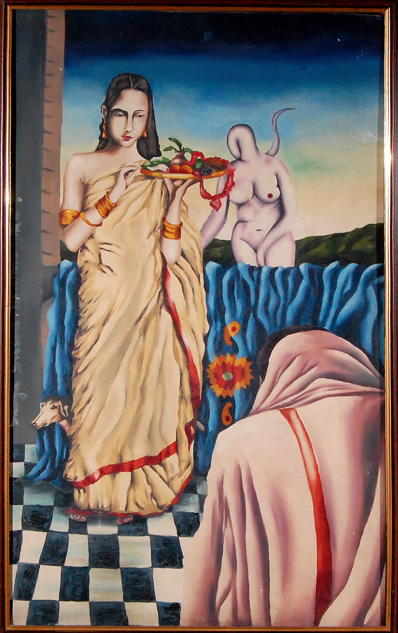SABYA SACHI RITUAL OF OFFERINGS BETWEEN THE SACRED AND THE SURREAL OIL ON CANVAS 34 X 20 IN - 2
