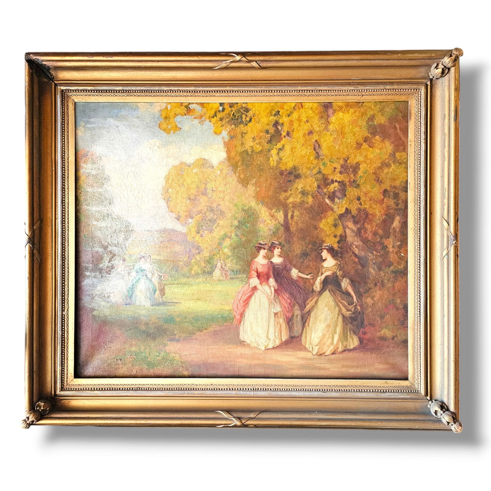 In the style of Joseph Tomanek (1889-1974), Promenade in the Park: Idyllic scene with women in 18-century attire strolling through a park. Oil on canvas, framed. 34"h x 39"w