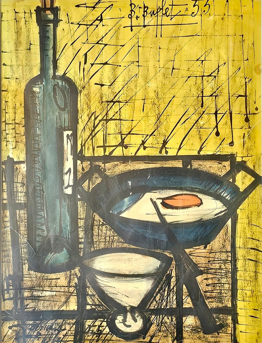Bernard Buffet, "The Breakfast", 1955 - 35" x 29": Mid-century offset lithograph, still life with egg, framed. 35"h x 29"w