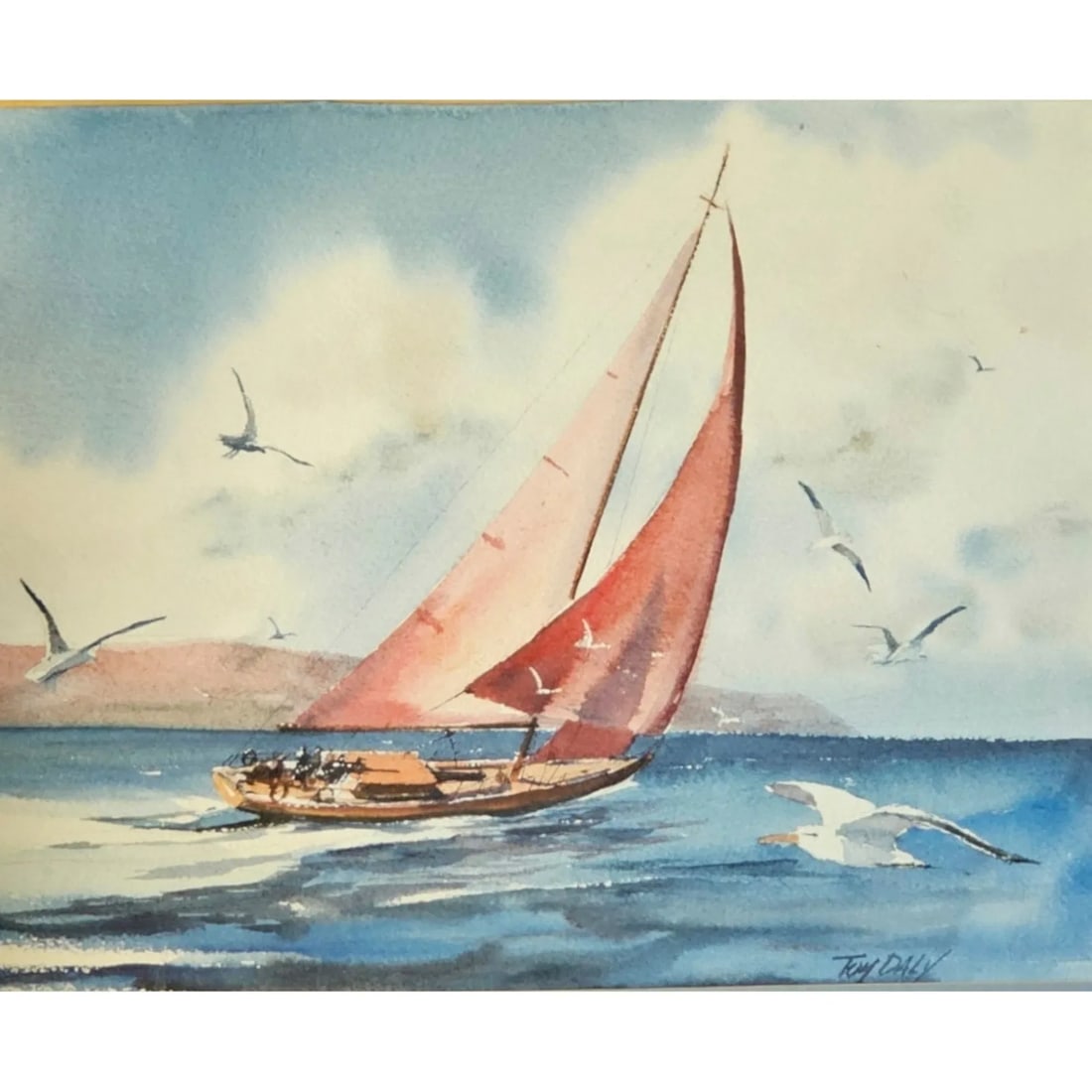 Tom Daly, Boat with Red Sails: We encourage you to place your bids now as you never know what may come up to prevent bidding live. Watercolor on paper, matted framed and glazed.