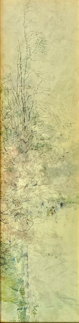 Chen Chi, "B" Landscape with trees II - 11" x 31": Watercolor on paper, signed, framed.