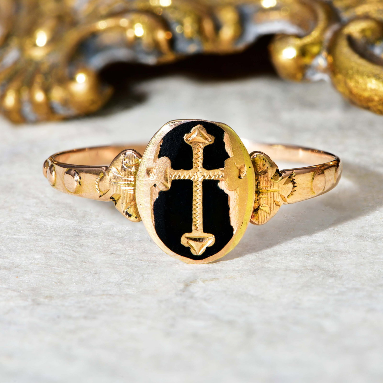 Antique Georgian 18ct Gold Rosary Ring: Antique Georgian 18ct Gold Rosary Ring This French rosary ring features an engraved cross design with black enamel in an oval-shaped head, which joins to shoulders featuring raised gold bumps on each 