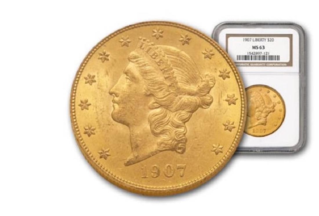 1907 MS 63 NGC $ 20 Gold Liberty: Item is as shown in image. Bidder is responsible for all value and grade determination based upon image. All bids constitute abinding contract and agreement to pay.