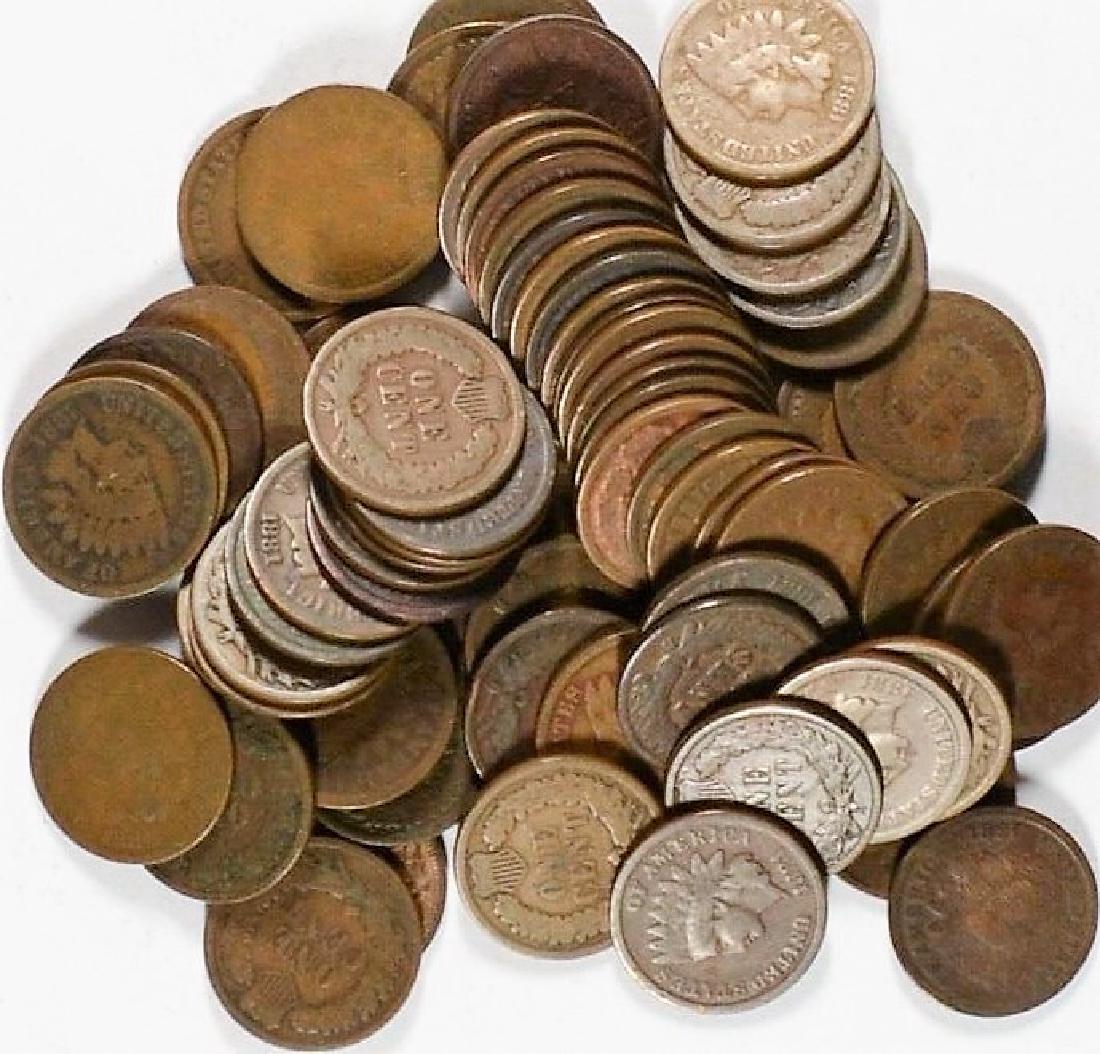(100) Indian Head Cents - Random Dates: Item is as shown in image. Bidder is responsible for all value and grade determination based upon image. All bids constitute abinding contract and agreement to pay.