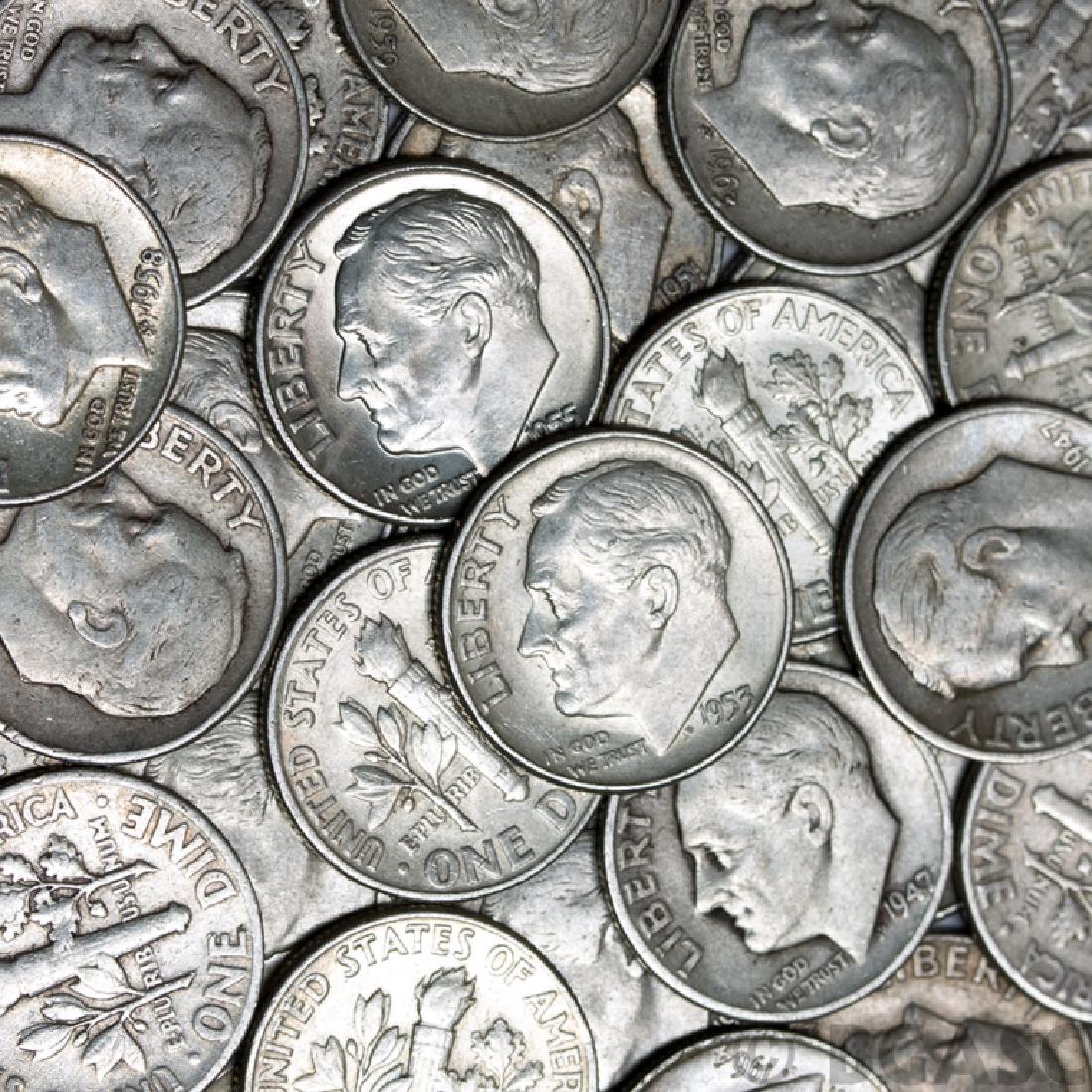 (100) Roosevelt Dimes - 90% Silver: Item is as shown in image. Bidder is responsible for all value and grade determination based upon image. All bids constitute abinding contract and agreement to pay.