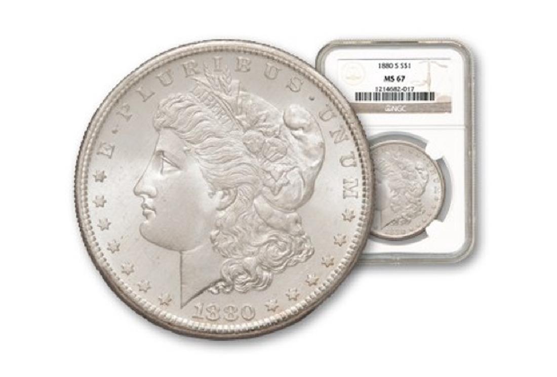 1880 s MS 67 NGC Morgan Silver Dollar: Item is as shown in image. Bidder is responsible for all value and grade determination based upon image. All bids constitute abinding contract and agreement to pay.