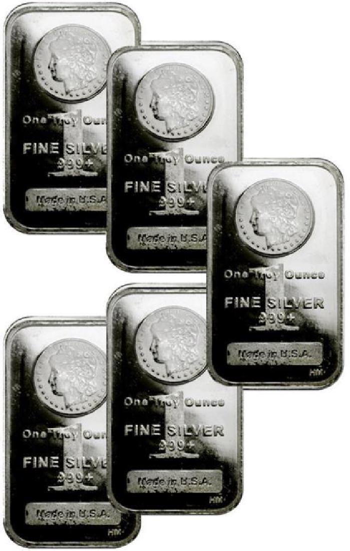 (5) 1 oz. Silver Morgan Design Bars: Item is as shown in image. Bidder is responsible for all value and grade determination based upon image. All bids constitute abinding contract and agreement to pay.