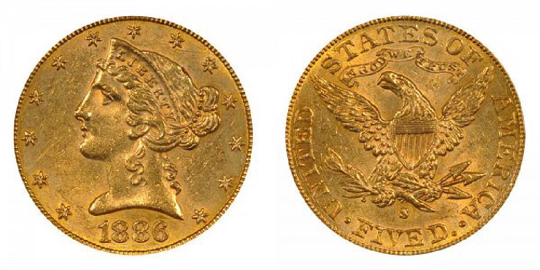 1886 S $5 Gold Liberty Head Coin: Item is as shown in image. Bidder is responsible for all value and grade determination based upon image. All bids constitute abinding contract and agreement to pay.