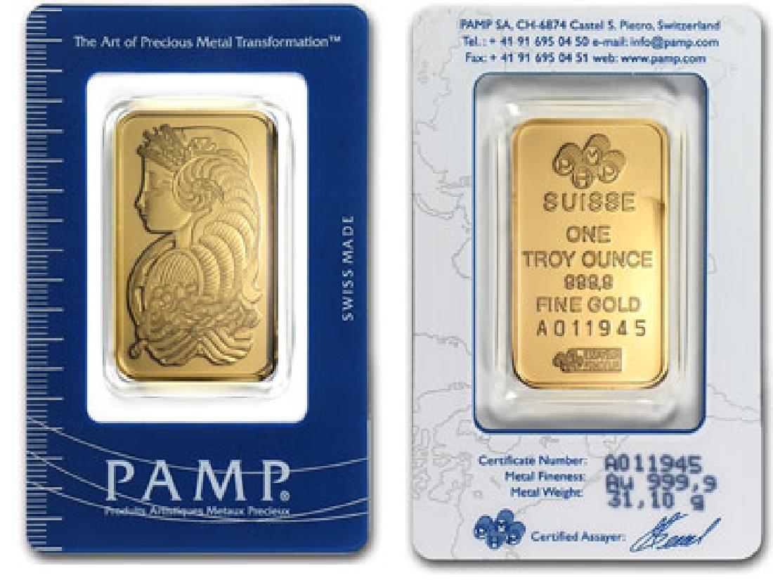 1 oz Pamp Suisse Gold Bar -.999 Pure: Please note that all items are as shown in image. Bidder is responsible for all grade based upon images and value. Bidder further agrees to all terms and understands all nuances of bidder registration