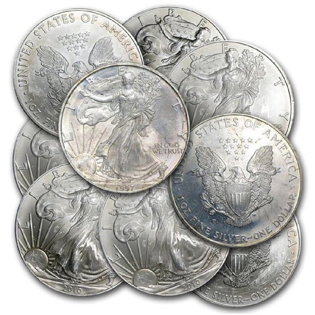 (10) Random Date US Silver Eagles: Dates are random and from our stock on hand. Please note that all items are as shown in image. Bidder is responsible for all grade based upon images and value. Bidder further agrees to all terms and u