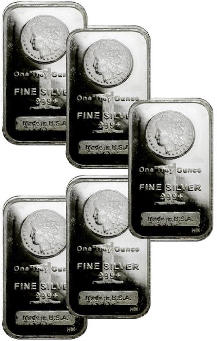 (5) 1 oz. Silver Bars - Morgan Design -.999 Pure: Please note that all items are as shown in image. Bidder is responsible for all grade based upon images and value. Bidder further agrees to all terms and understands all nuances of bidder registration