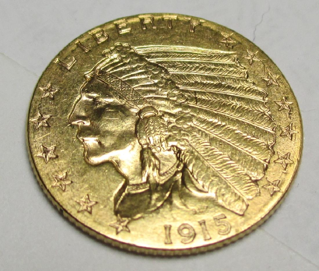 1915 $2.5 Gold Indian Quarter Eagle: Please note that all items are as shown in image. Bidder is responsible for all grade based upon images and value. Bidder further agrees to all terms and understands all nuances of bidder registration