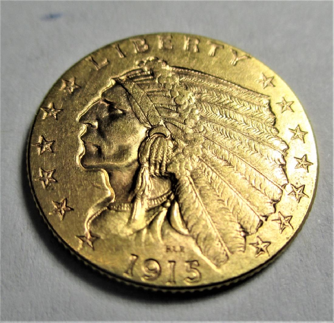 1915 $2.5 Gold Indian Quarter Eagle: Please note that all items are as shown in image. Bidder is responsible for all grade based upon images and value. Bidder further agrees to all terms and understands all nuances of bidder registration