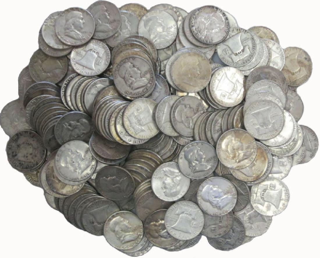 (100) Franklin Half Dollars -90% Silver: Please note that all items are as shown in image. Bidder is responsible for all grade based upon images and value. Bidder further agrees to all terms and understands all nuances of bidder registration