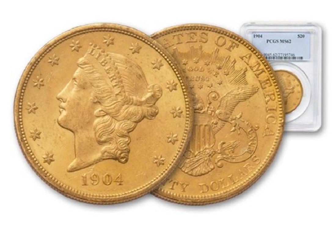 1904 MS 62 PCGS $20 Gold Liberty Double Eagle: Please note that all items are as shown in image. Bidder is responsible for all grade based upon images and value. Bidder further agrees to all terms and understands all nuances of bidder registration