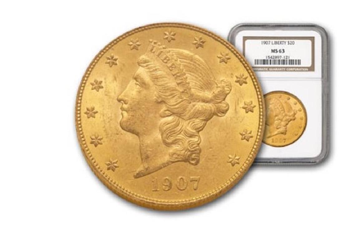 1907 MS 63 NGC $20 Gold Liberty: Better in Grade $20 Gold Liberty- Please note that all items are as shown in image. Bidder is responsible for all grade based upon images and value. Bidder further agrees to all terms and understands