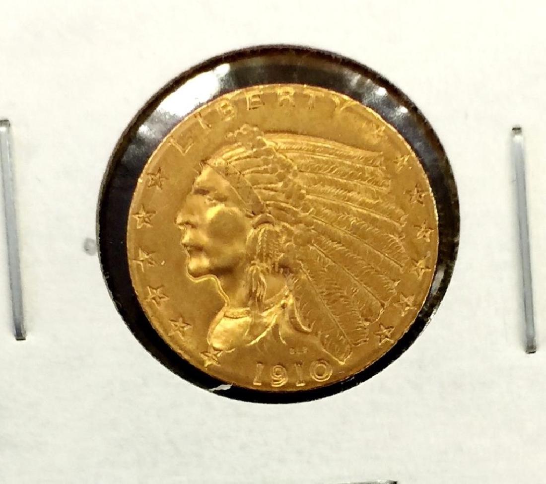 1910 $2.5 Gold Indian Quarter Eagle: Please note that all items are as shown in image. Bidder is responsible for all grade based upon images and value. Bidder further agrees to all terms and understands all nuances of bidder registration