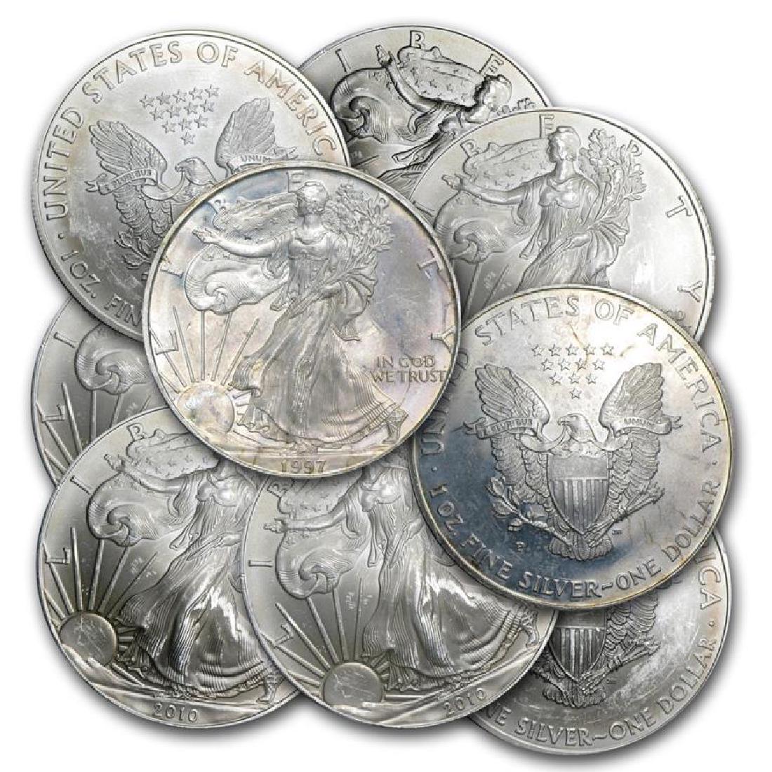 (10) US Silver Eagles Random Date: Please note that all items are as shown in image. Bidder is responsible for all grade based upon images and value. Bidder further agrees to all terms and understands all nuances of bidder registration