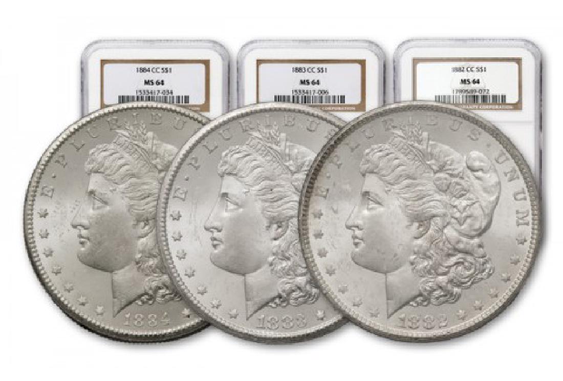 1882-83-84 CC MS 64 NGC Morgan Dollar Set: Please note that all items are as shown in image. Bidder is responsible for all grade based upon images and value. Bidder further agrees to all terms and understands all nuances of bidder registration