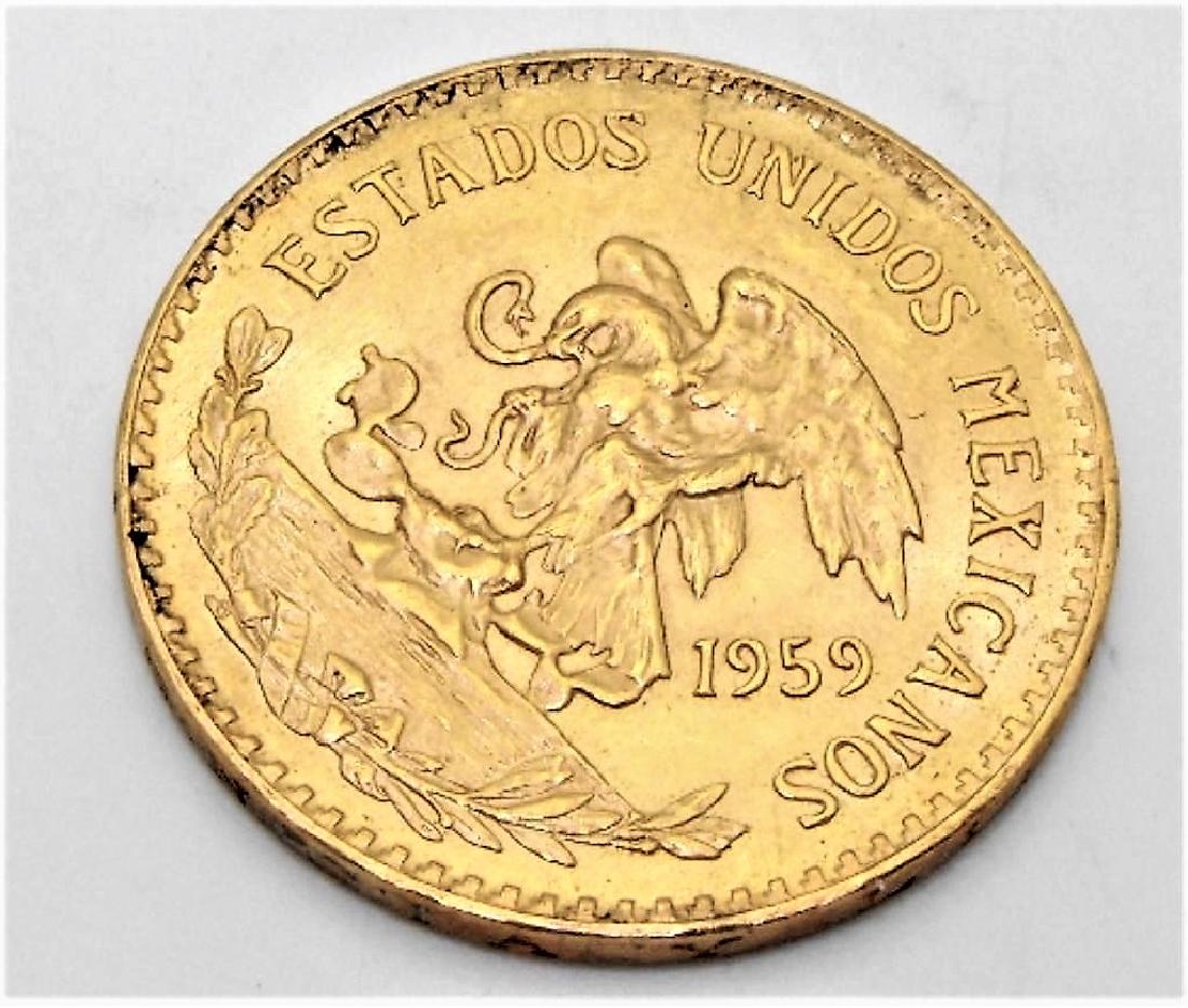 1959 Viente Peso Mexican Gold Coin: Please note that all items are as shown in image. Bidder is responsible for all grade based upon images and value. Bidder further agrees to all terms and understands all nuances of bidder registration