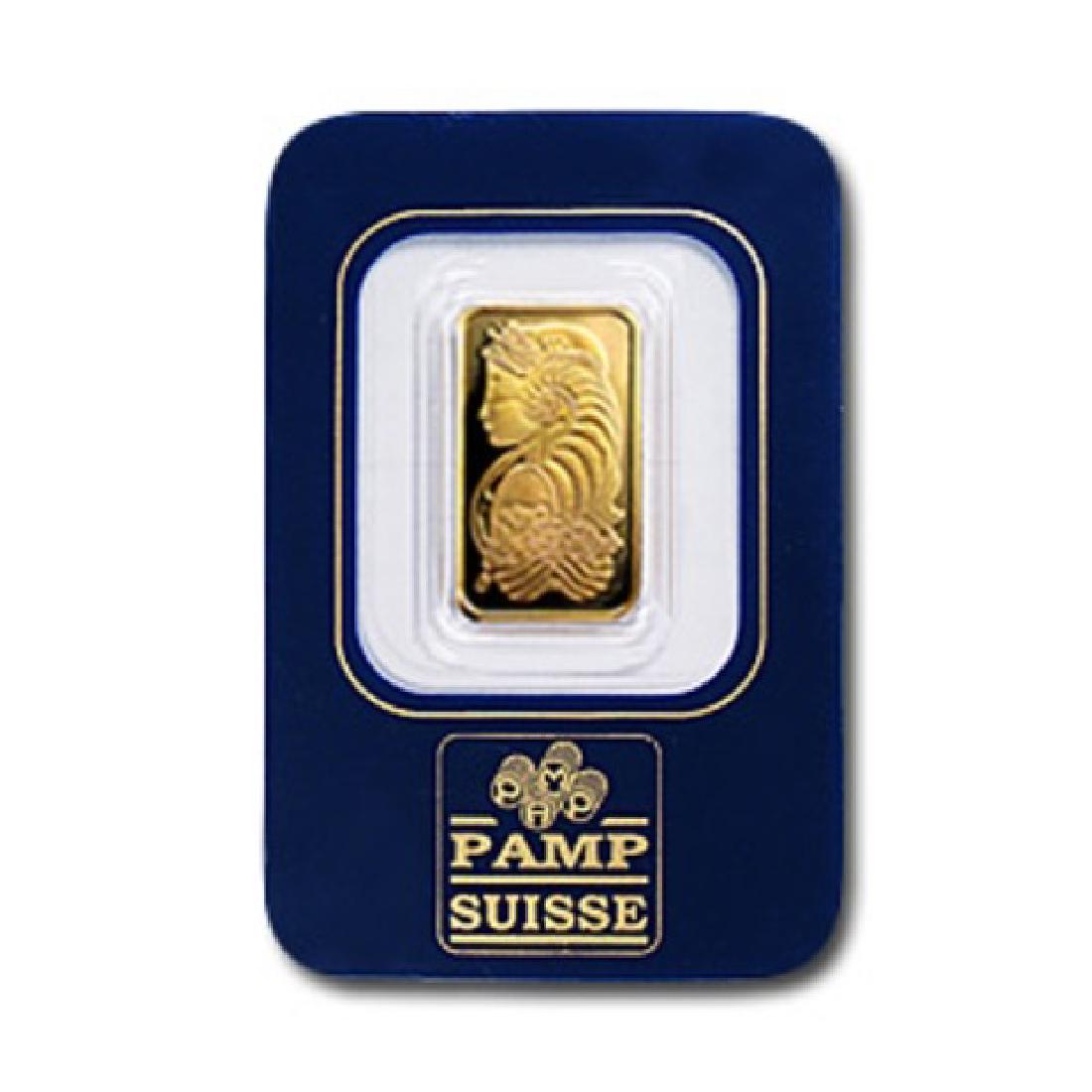 2.5 Gram Pamp Suisse Gold Ingot on Assay Card: Item is as shown in image. Bidder is responsible for all value and grade determination based upon image. All bids constitute abinding contract and agreement to pay.